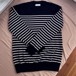 Everlane Men’s Navy Blue and White Striped Wool Sweater - Large